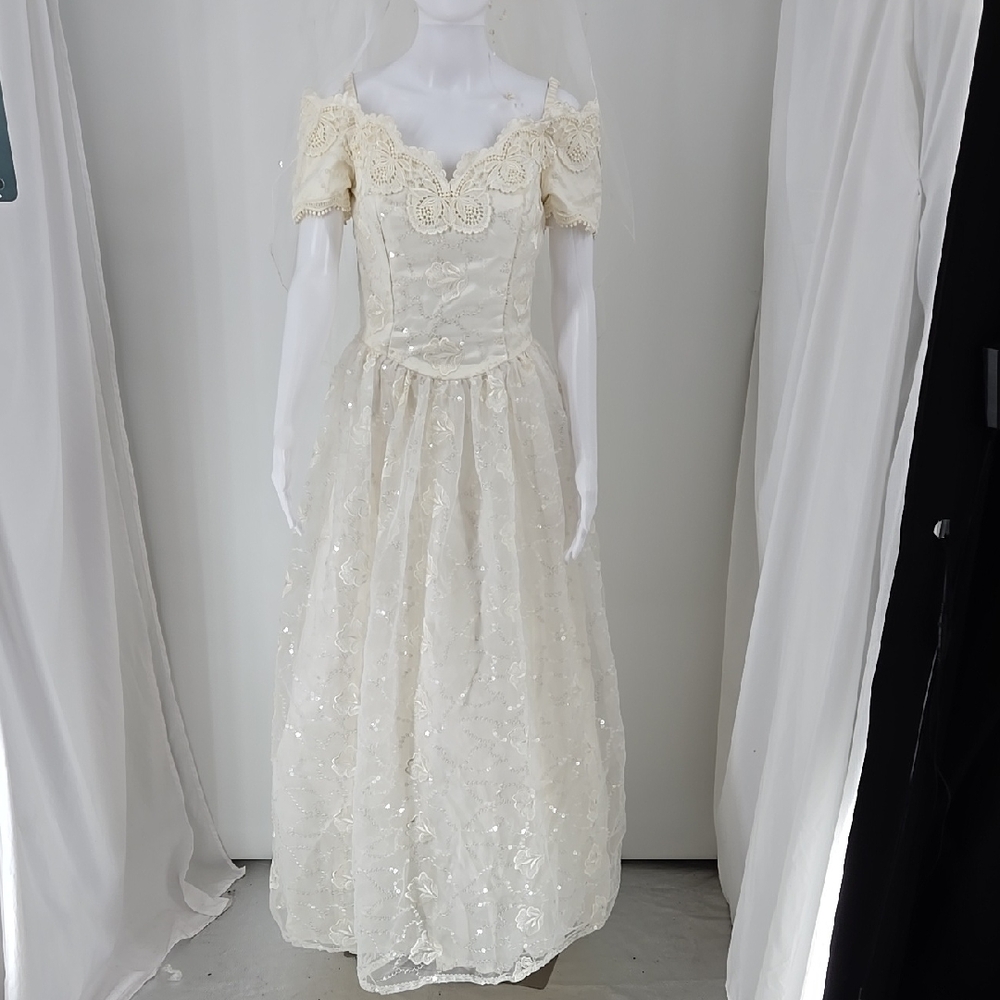 Vintage Jessica McClintock Bridal Elegant Ivory Wedding Dress Floral Sparkles 6